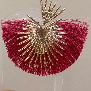 NWOT statement earrings tassel bold wine red gold fan dramatic date prom fancy